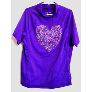 Lands' End Girls 12 Purple Short Sleeve Rash Guard Multicolor Heart Beach